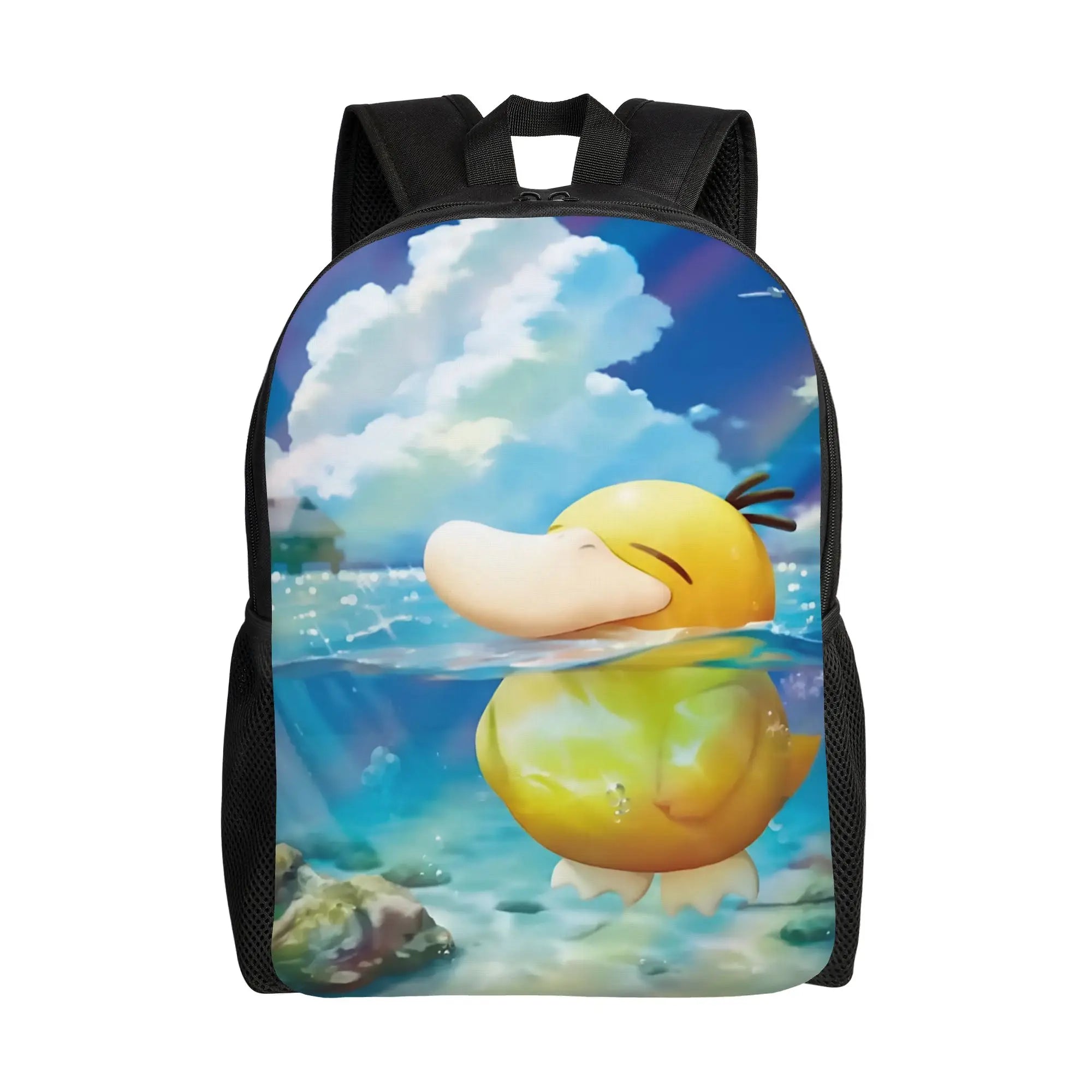 Pokemon Psyduck Laptop Backpack – School Bag A black backpack featuring a printed illustration of a yellow duck character partially submerged in water under a blue sky with white clouds.