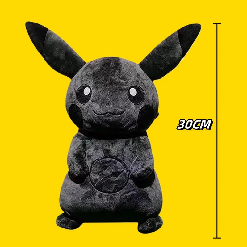 Dark Pikachu Plush Pillow Black Kawaii Doll Black plush toy resembling Pikachu on a yellow background with dimensions indicated.