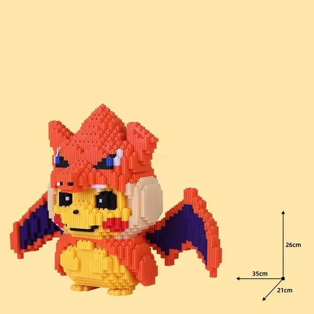Pokemon Fire-Breathing Dragon Building Blocks – Model Brick Toy Toy figure made of interlocking bricks on a beige background with measurements indicated.