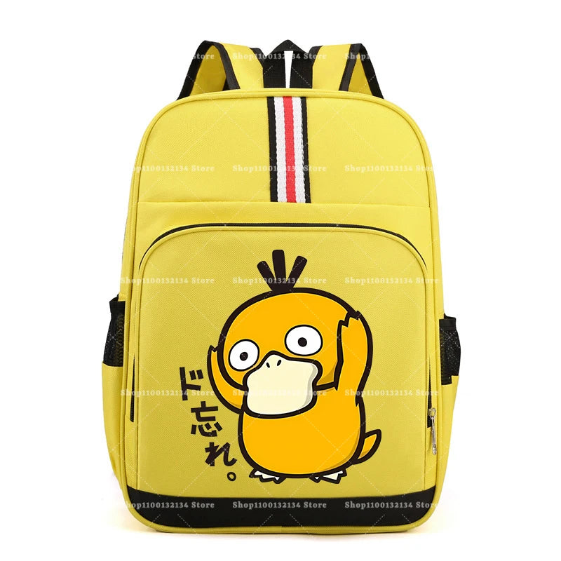 Pokemon Cartoon Backpack – Large Capacity School Bag A yellow school backpack featuring a cartoon character resembling Psyduck on the front pocket, with black trim, side pockets, and a vertical red, white, and black stripe near the top. The backpack is shown against a plain white background with diagonal store watermark text.