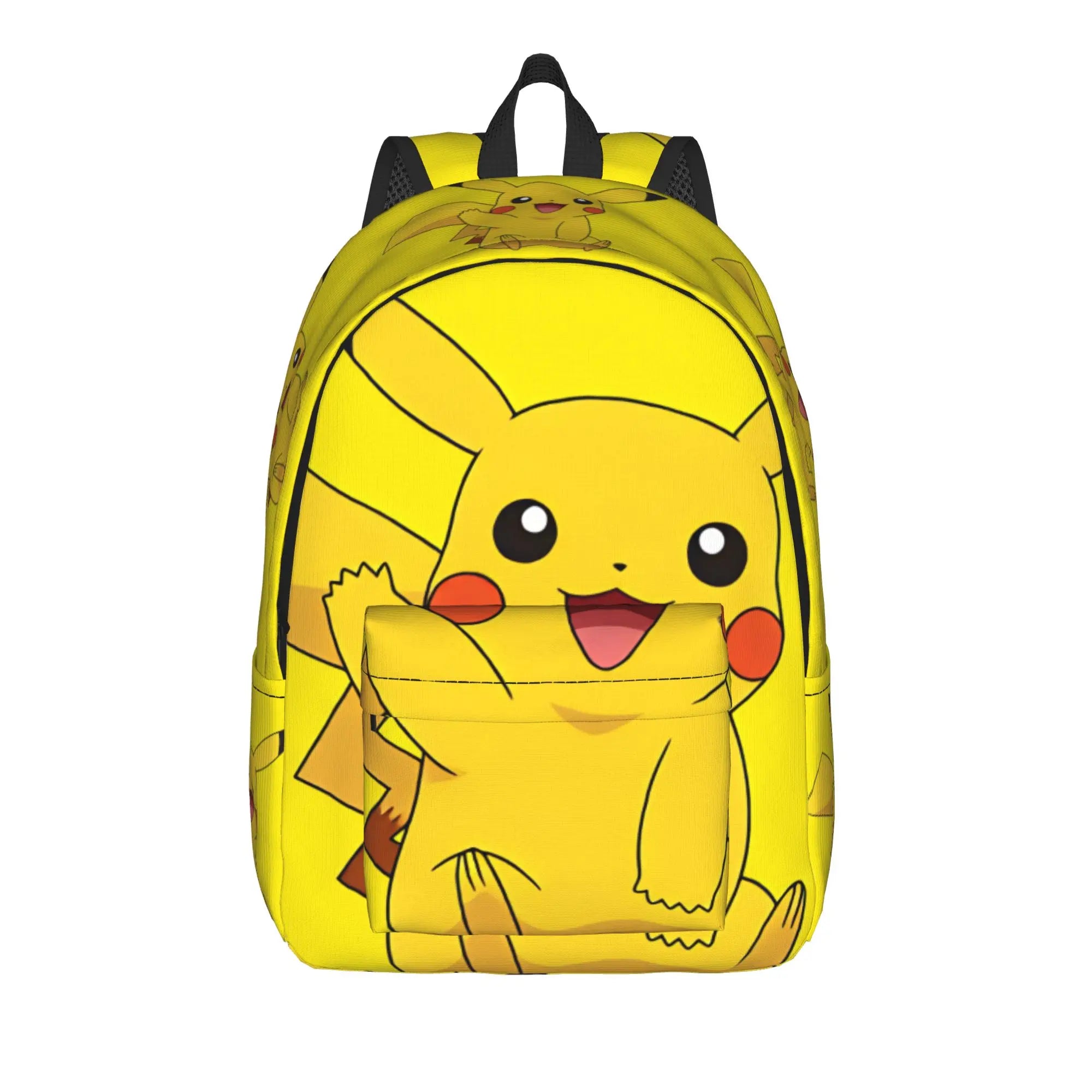 Pokemon Squirtle Backpack – Sport School Bag A bright yellow Pikachu backpack featuring a large cartoon Pikachu graphic on the front, black mesh side panels, and black top handle, shown on a plain white background.
