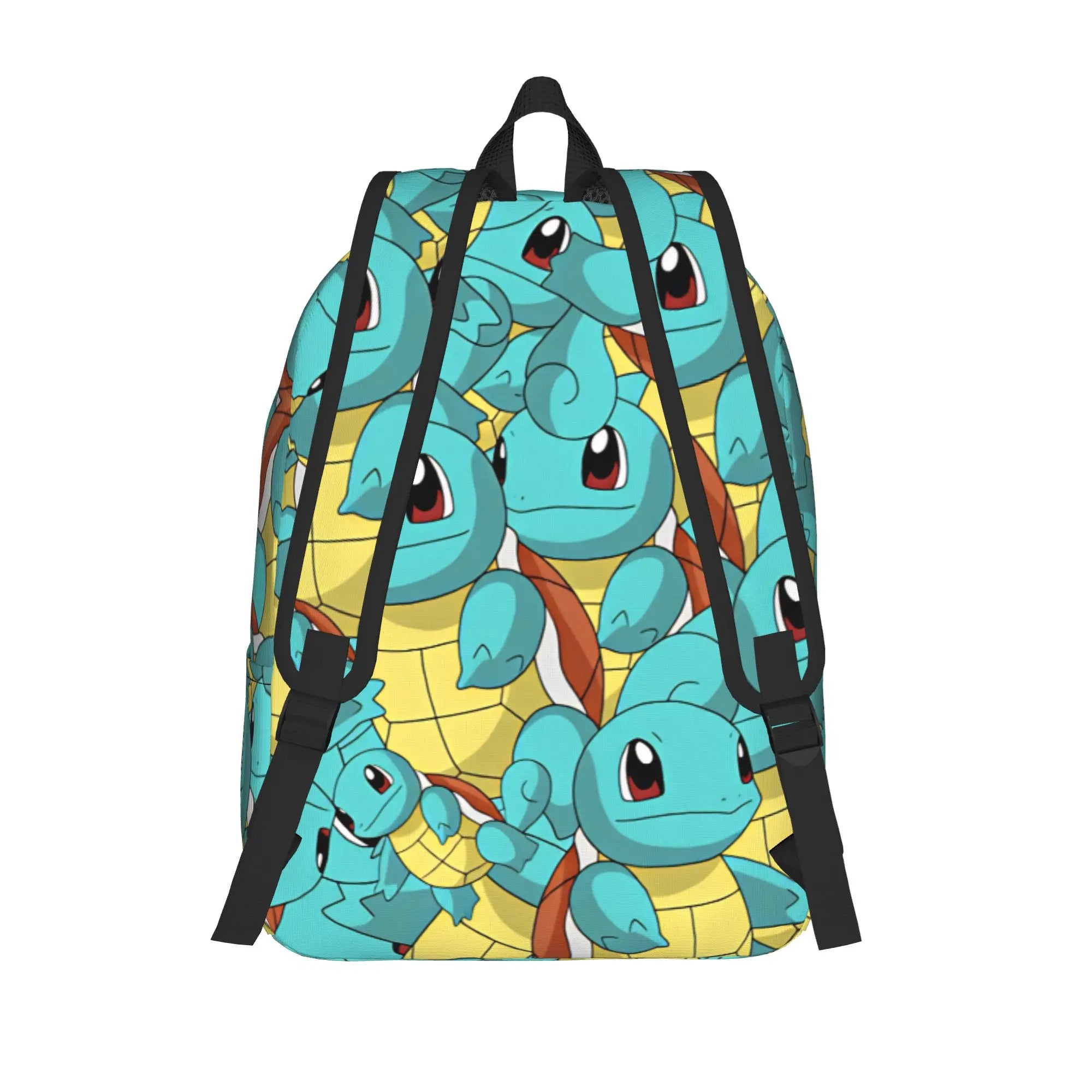 Pokemon Squirtle Backpack – Sport School Bag A backpack featuring a repeating cartoon pattern of Squirtle, the blue turtle character, with black straps and trim, shown against a plain white background.