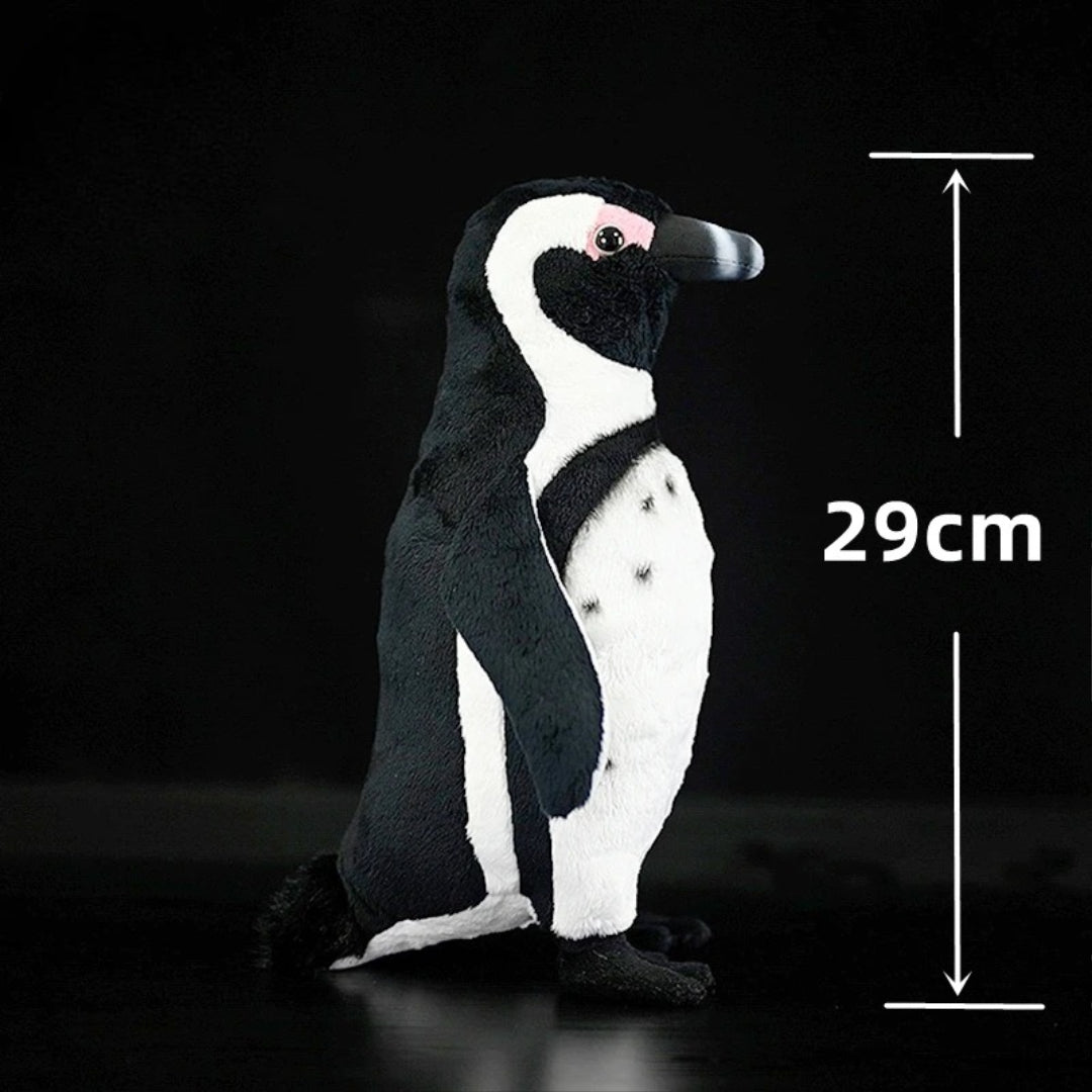 Realistic Penguin Plush Toy - Adélie Penguin Stuffed Animal Plush penguin toy with dimensions on a black background