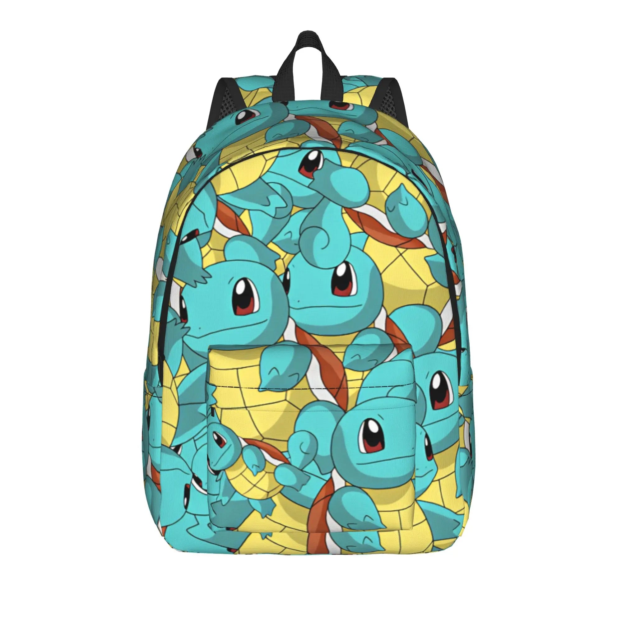 Pokemon Squirtle Backpack – Sport School Bag A backpack featuring an all-over repeating print of Squirtle, the blue turtle mascot, on a yellow background with black straps and trim.