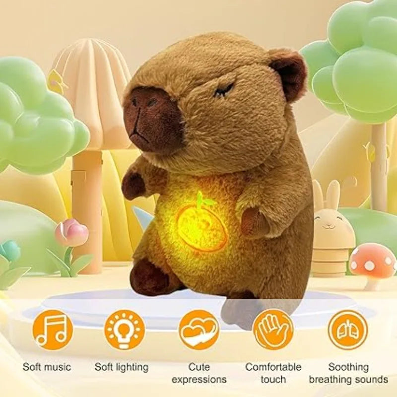 Breathing Capybara Plush Toy with Light & Sound Plush toy with glowing belly in a cartoon-like setting with trees and flowers.