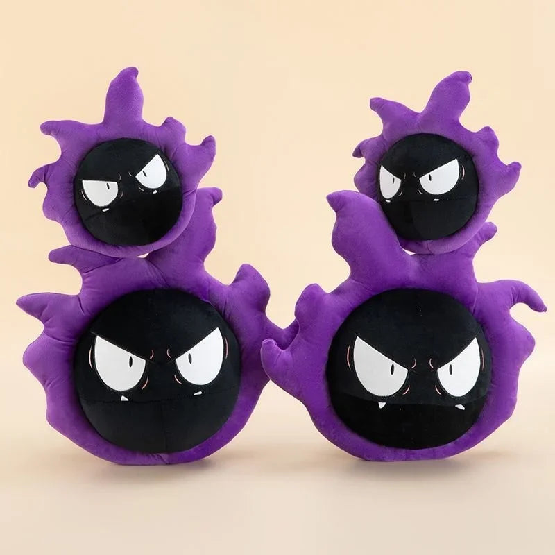 Pokemon Gastly Plush Pillow Stuffed Toy Two purple and black plush toys shaped like cartoon ghosts, shown on a plain beige background.