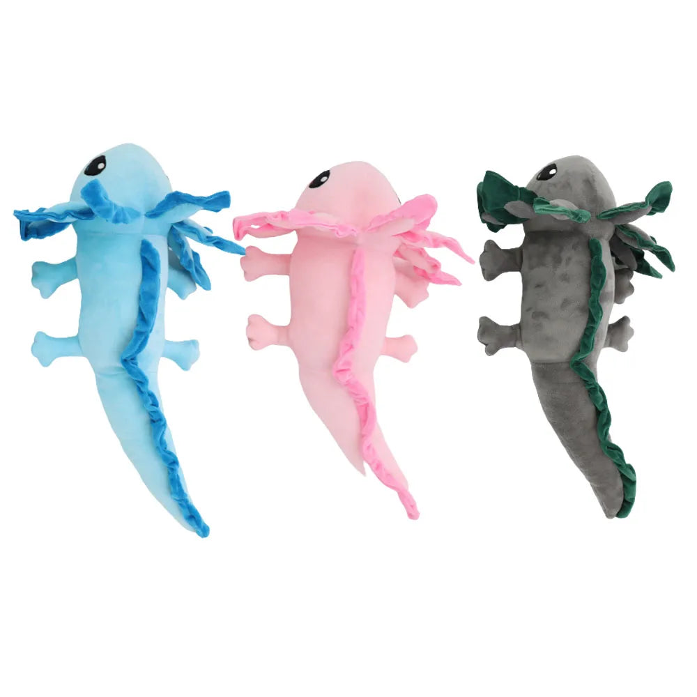 Axolotl Squishmallow Plush Toy – Soft Stuffed Animal Three colorful axolotl plush toys on a white background
