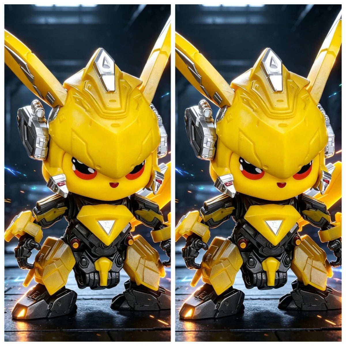 Pikachu Bumblebee Figure – Handheld Desktop Collectible A split-screen view of a yellow and black robotic toy figure with large ears, red eyes, and silver mechanical details, standing on a dark futuristic surface with sparks in the background.
