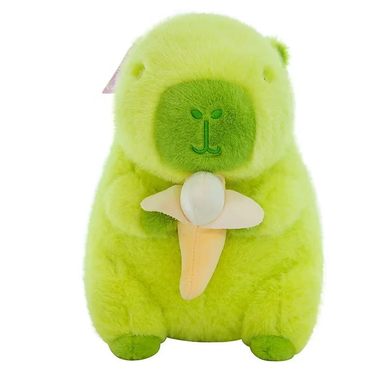 Green Banana Capybara Plush Toy – Cute Kawaii Stuffed Animal Green plush toy with a white flower on a white background