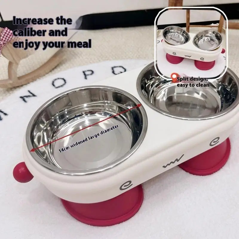 Elevated Pet Bowl Stainless Steel Anti-Slip Feeding Dish Pet feeding station with two stainless steel bowls on a white surface, featuring text and measurements.