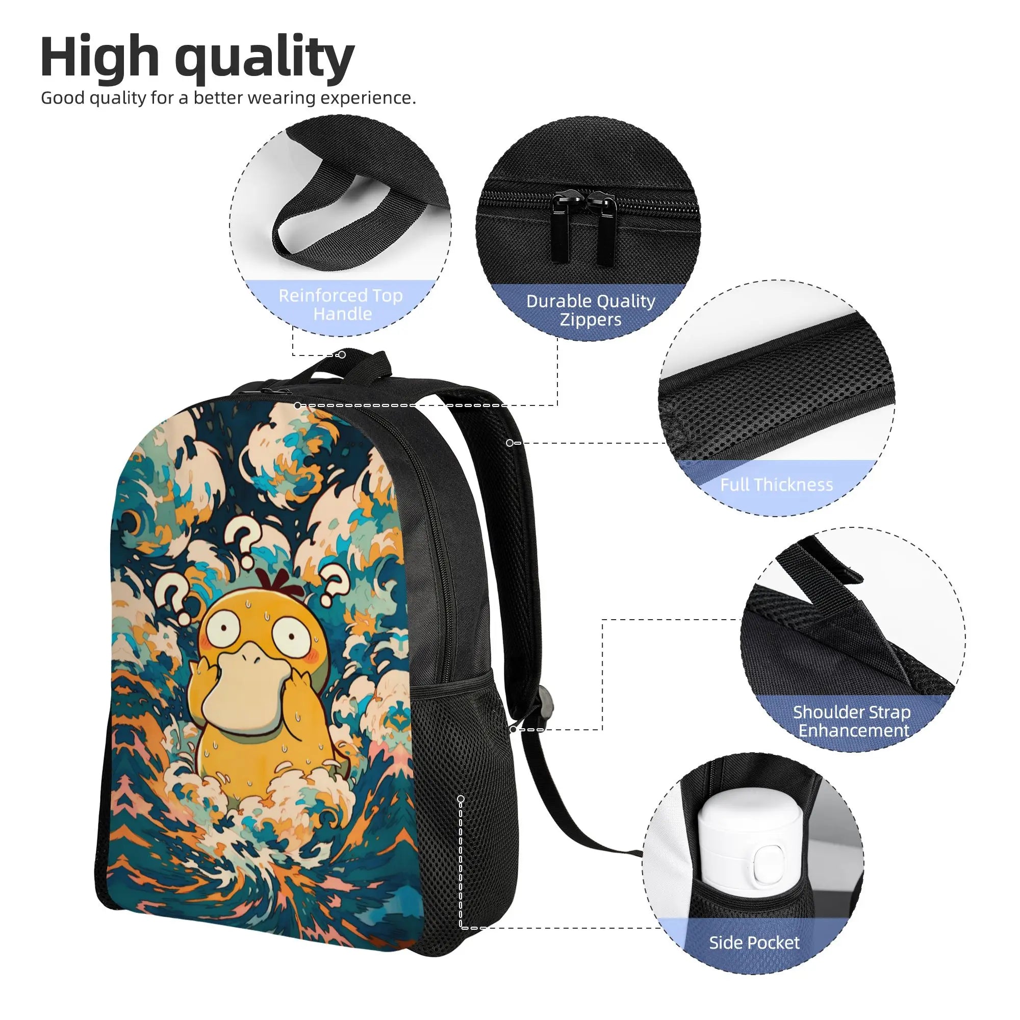 Pokemon Psyduck Laptop Backpack – School Bag A backpack with a colorful wave-style print featuring a yellow cartoon character, shown on a white background with callout circles highlighting features such as reinforced trim, durable zippers, full thickness, shoulder strap enhancement, and a side pocket.