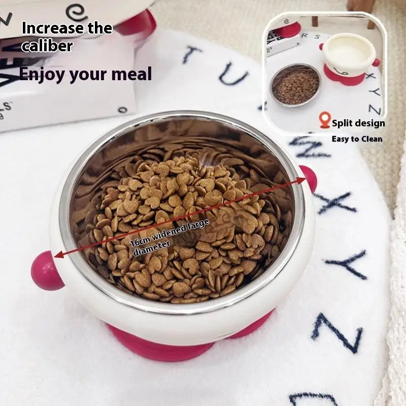 Elevated Pet Bowl Stainless Steel Anti-Slip Feeding Dish Stainless steel pet bowl with elevated pink base filled with dog food, on a white surface with text overlay.