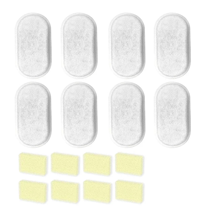 Smart Cat Water Fountain Automatic Filter Pet Dispenser Set of white oval filters with yellow rectangular filters on a white background