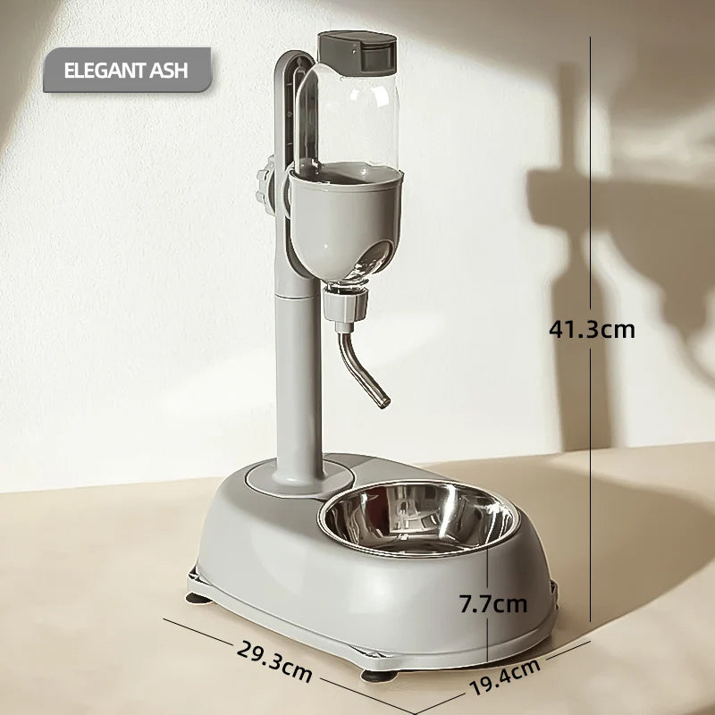 Automatic Pet Water Dispenser & Food Feeder Anti-Tip Gray stand mixer with measurements on a beige surface