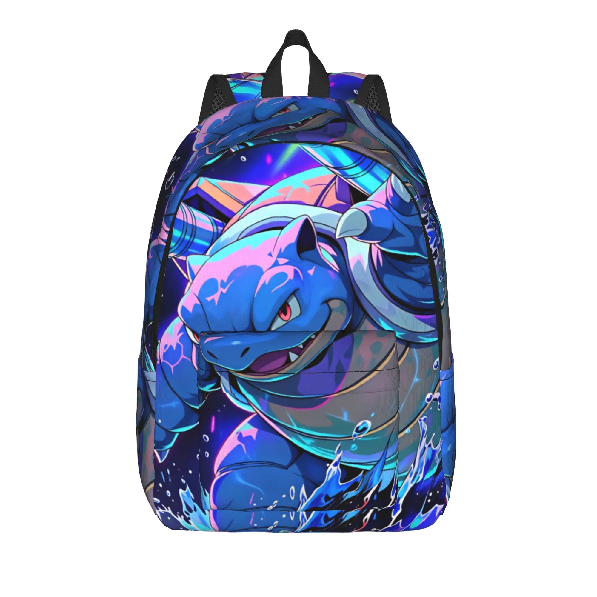 Pokemon Squirtle Backpack – Sport School Bag A backpack featuring a vibrant, all-over print of the blue Pokémon Bulbasaur with holographic iridescent accents and a black top handle, shown against a plain white background.