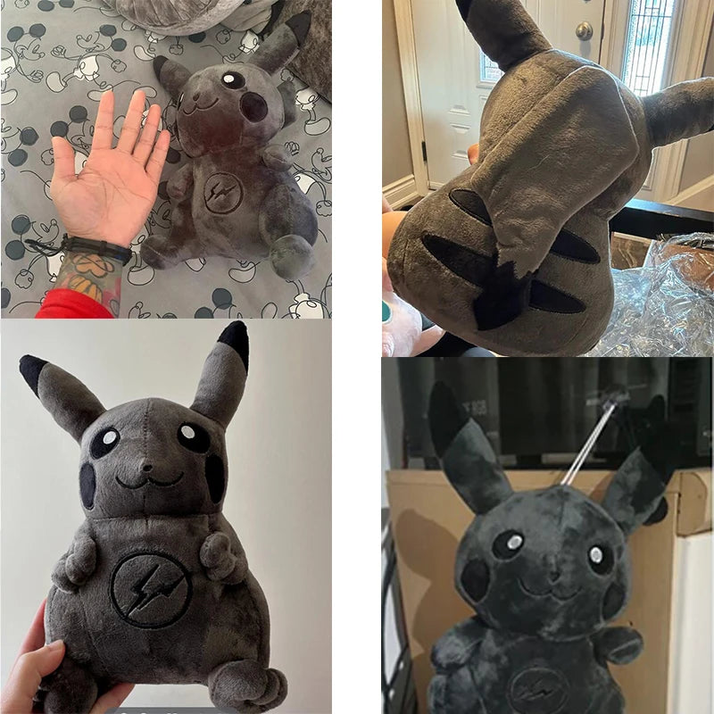 Dark Pikachu Plush Pillow Black Kawaii Doll Collage of a dark gray plush toy with a lightning bolt symbol, held by a person.