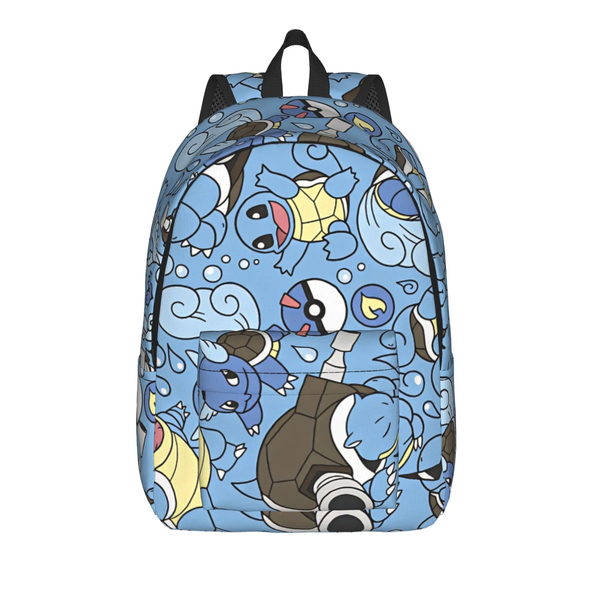 Pokemon Squirtle Backpack – Sport School Bag A blue backpack featuring an all-over cartoon Pokémon print with Squirtle, Bulbasaur, and other water-type characters on a white background.