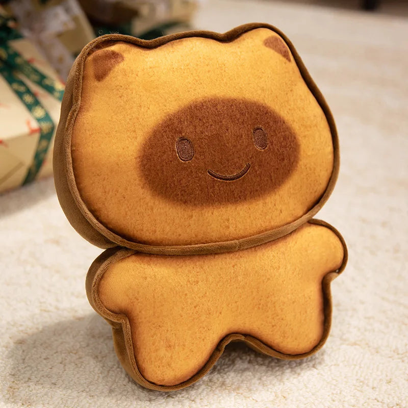 Capybara Bread Pillow – Cute Toast Plush Cushion Brown plush toy with a smiley face on a textured surface