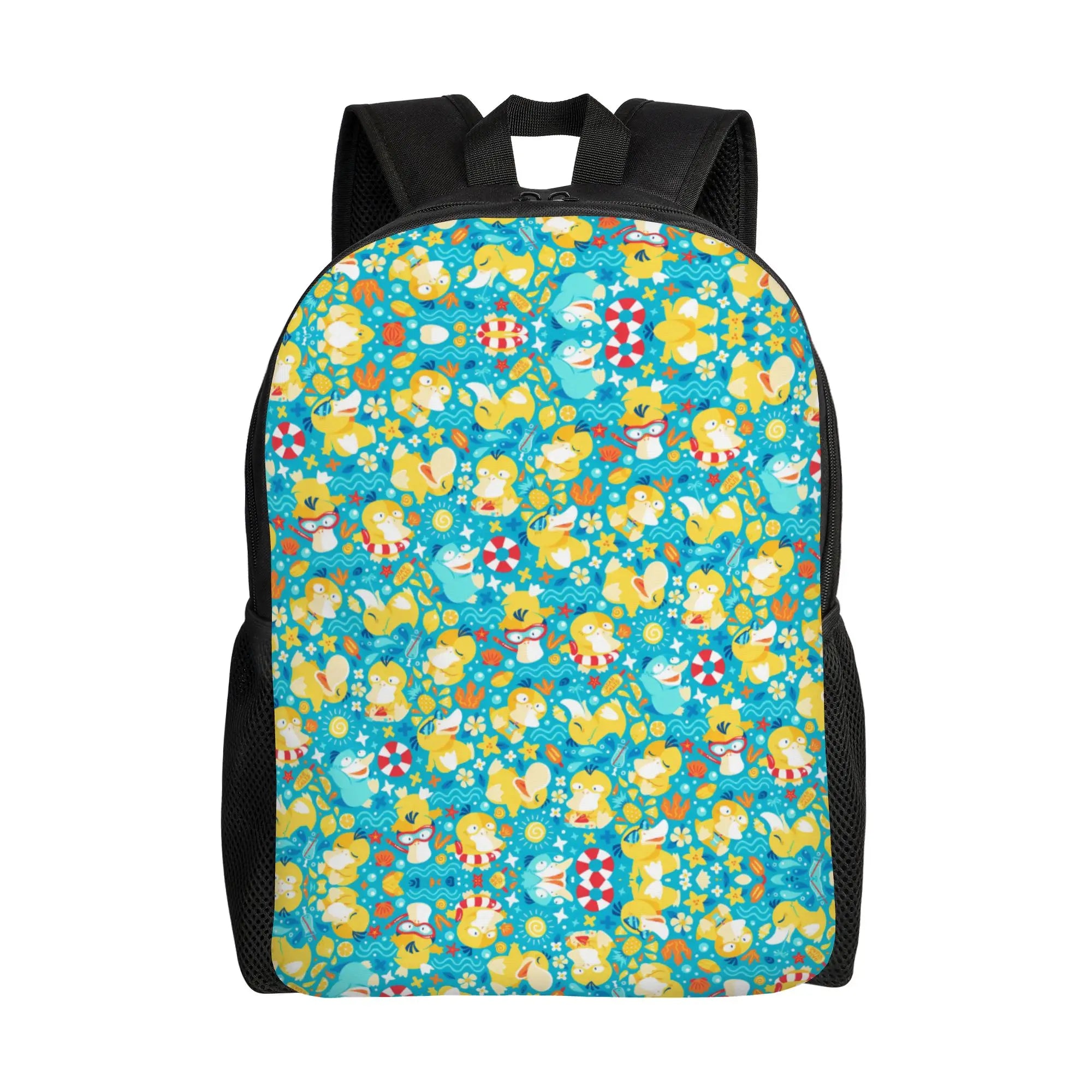 Pokemon Psyduck Laptop Backpack – School Bag A backpack with a vibrant blue and yellow cartoon duck pattern on the front, black mesh side pockets, and black shoulder straps, shown against a plain white background.