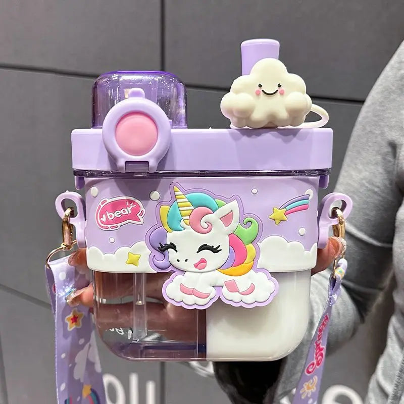 Capybara Kids Water Bottle – Cartoon Straw Cup Children's water bottle with unicorn design and cloud accessory on a gray background