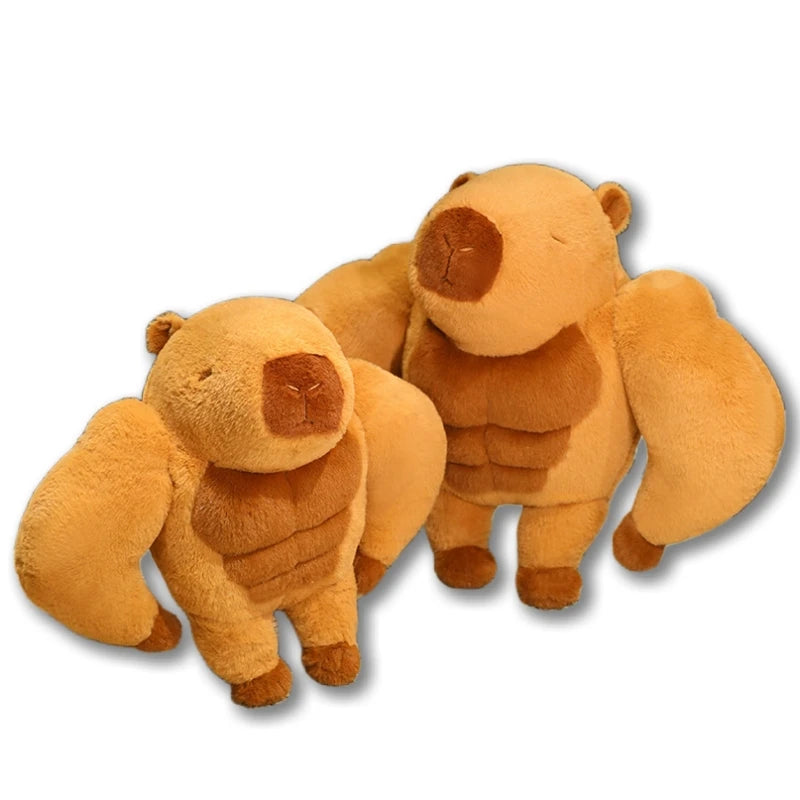 Muscle Capybara Plush Pillow – Funny Brown Stuffed Animal Cushion Two plush animal toys shaped like muscular brown bears, shown on a plain white background.