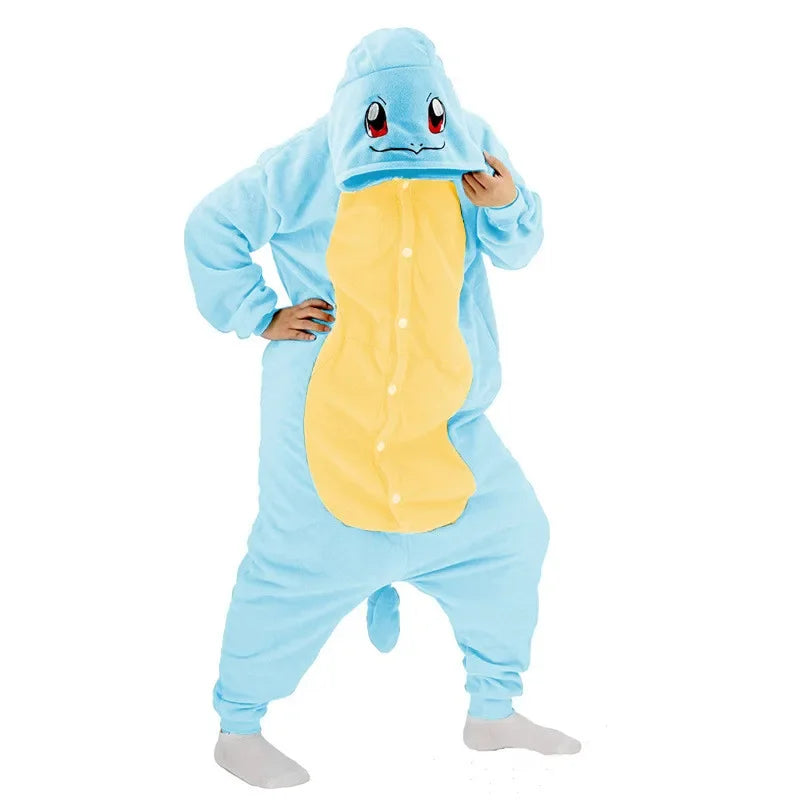 Pokemon Kigurumi Onesie – Snorlax, Gengar Anime Costumes Blue and yellow onesie with a hood on a white background