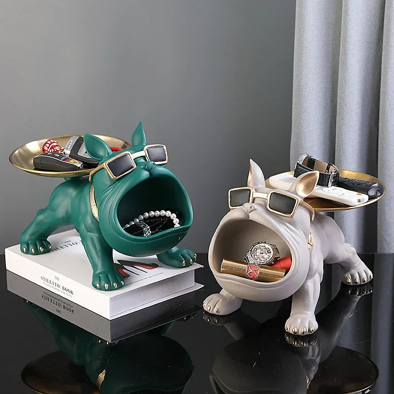 Bulldog Figurine with Storage Box – Resin Dog Home Decor Sculpture Two dog-shaped jewelry holders on a reflective surface with a gray background