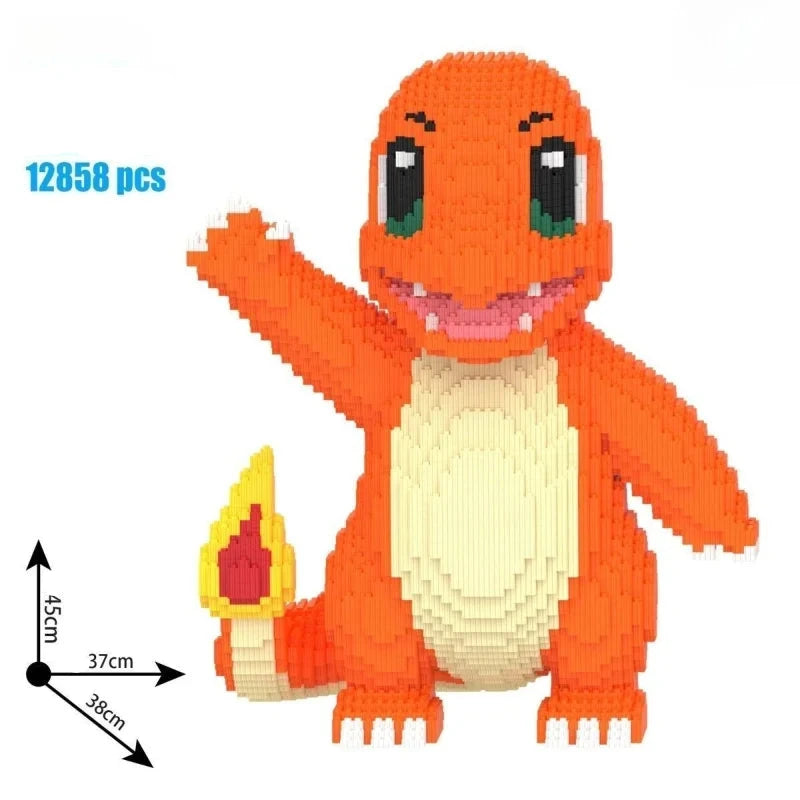 Pokemon Bulbasaur & Charmander Building Blocks – DIY Model Toy Toy figure of Charmander made from building blocks with dimensions and piece count displayed.