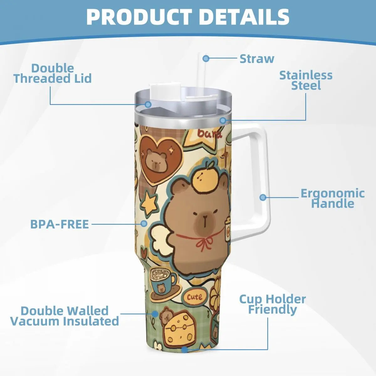 Capybara Insulated Tumbler – Stainless Steel Hot & Cold Drink Cup Product details infographic for a stainless steel handled tumbler with a cartoon bear print, showing callout labels for features like double threaded lid, straw, ergonomic handle, BPA-free, double walled vacuum insulation, and cup holder friendliness.