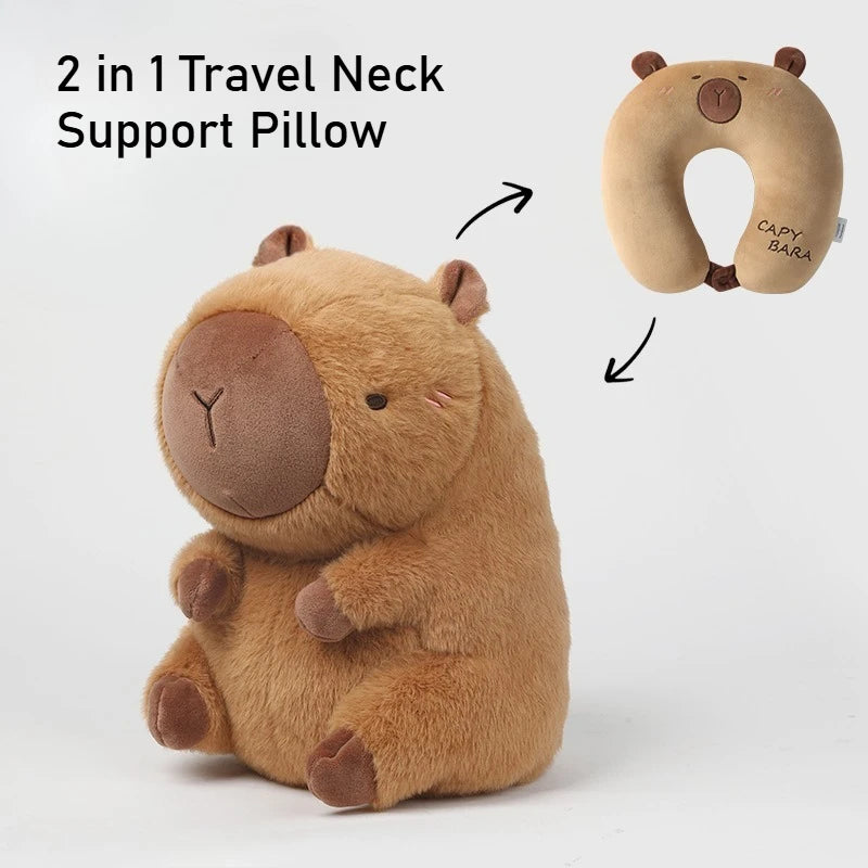 Capybara U-Shaped Plush Neck Pillow – Cute Travel Pillow Plush animal-shaped pillow with detachable neck pillow on a white background