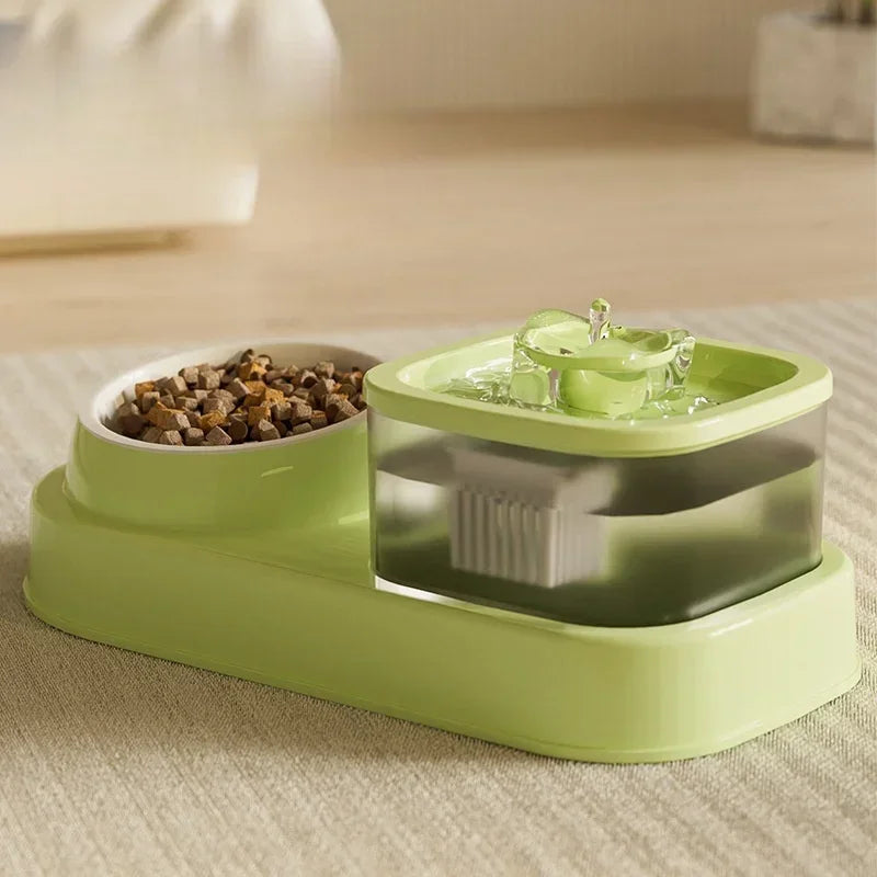 2 in 1 Cat Water Fountain Auto Filter USB Quiet Feeder Green pet feeder and water fountain on a beige surface