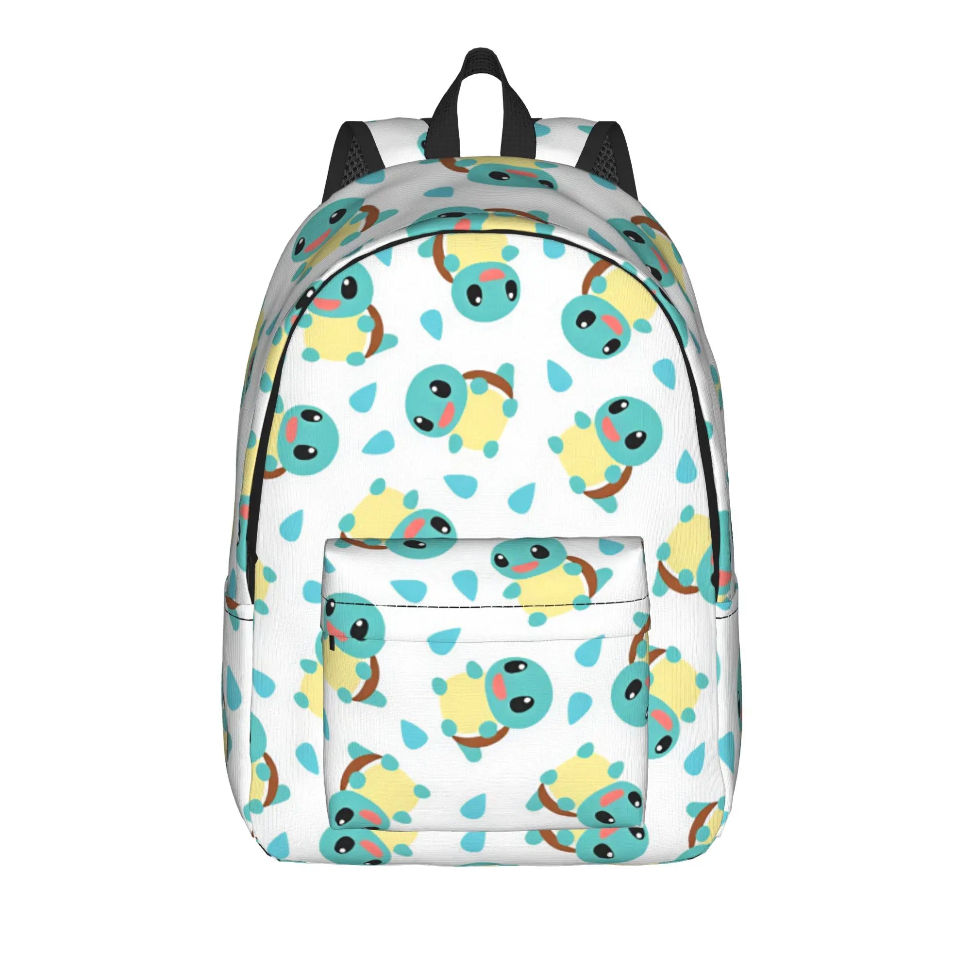 Pokemon Squirtle Backpack – Sport School Bag A white backpack with an all-over cartoon turtle print in teal, yellow, and brown, shown against a plain white background.