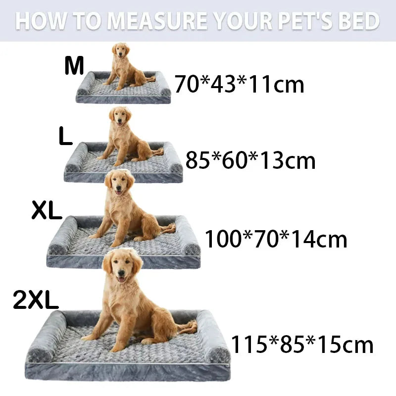Tear-Resistant Luxury Waterproof Dog Bed Measurement chart for different sizes of pet beds with dogs sitting on them.
