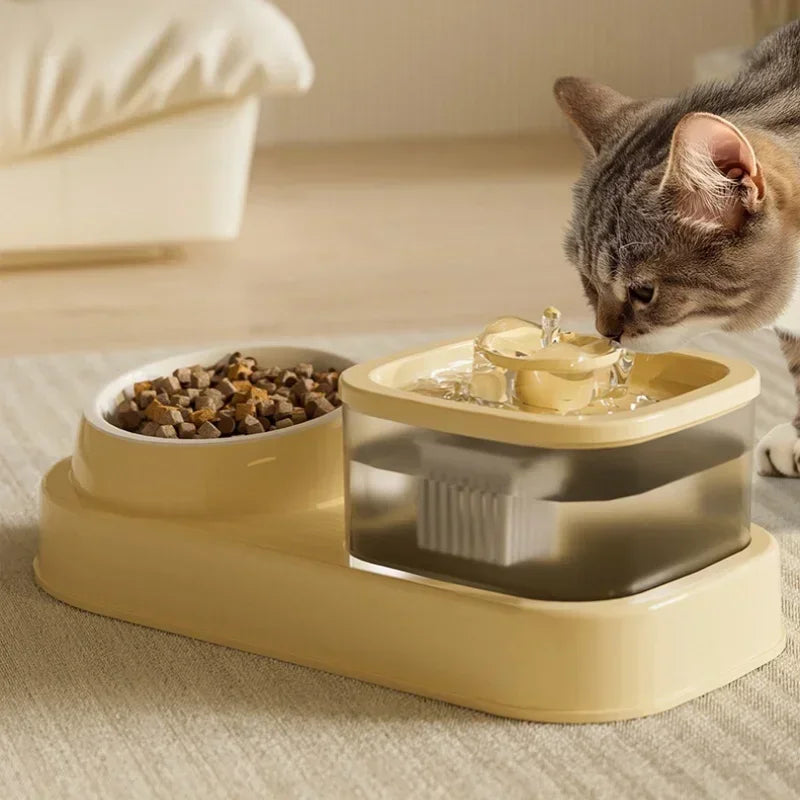 2 in 1 Cat Water Fountain Auto Filter USB Quiet Feeder Pet feeding station with water fountain and food bowl on a beige surface, cat drinking water.