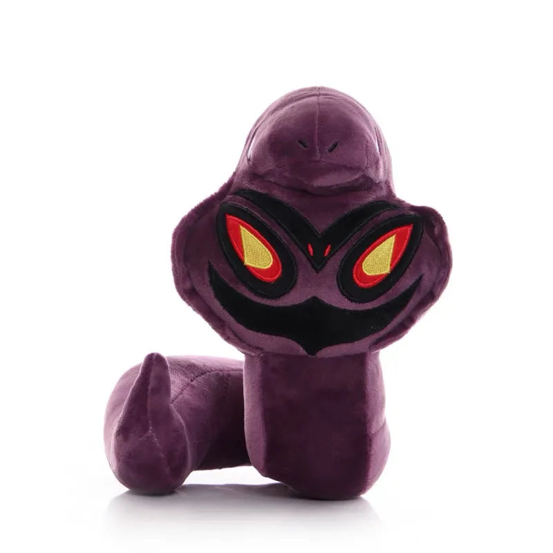 Pokemon Arbok Plush Toy – Ekans Evolution Stuffed Animal A plush toy of the Pokémon Eevee in its Eevee form, featuring its characteristic purple body, black mouth, and glowing red and yellow eyes, set against a plain white background.