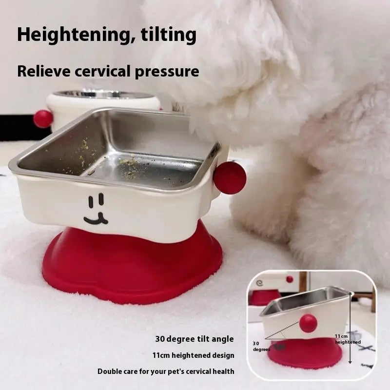 Elevated Pet Bowl Stainless Steel Anti-Slip Feeding Dish Pet bowl with a raised platform and 30-degree tilt angle, designed to relieve cervical pressure.