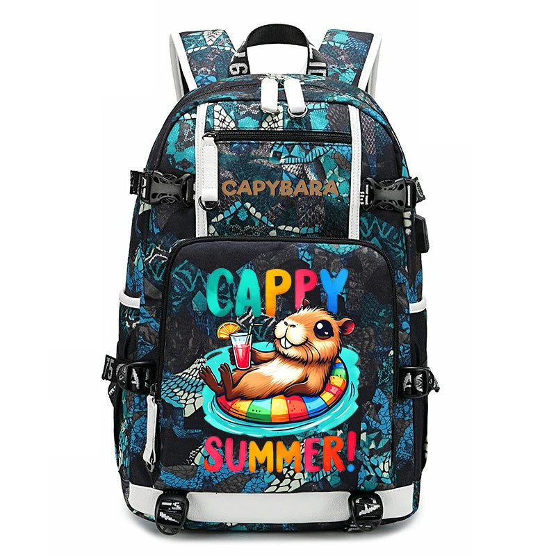 Capybara Backpack – Large Capacity Lightweight School Bag A black and teal patterned backpack with a colorful cartoon hamster in a pool float design and the text 'Cappy Summer!' on the front pocket. The brand name 'CAPYBARA' is printed in gold on the upper front pocket.