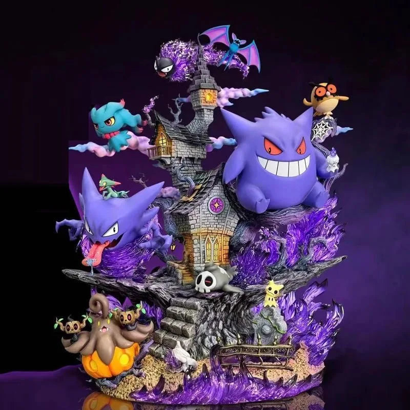Pokemon Gengar Evolution Figure – Gengar, Haunter & Gastly Ghastly-themed decorative set with a haunted house and various characters on a dark background