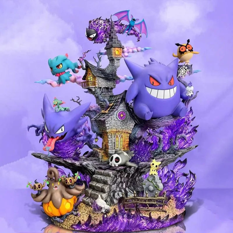 Pokemon Gengar Evolution Figure – Gengar, Haunter & Gastly Ghastly figure with a haunted house and other characters on a purple background