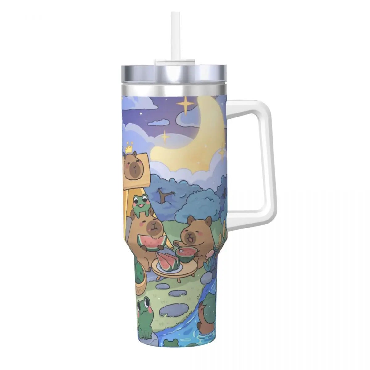 Capybara Insulated Tumbler – Stainless Steel Hot & Cold Drink Cup A tall handled tumbler with a clear lid and straw, featuring a colorful cartoon illustration of bears, frogs, a moon, and stars on the front, shown on a plain white background.
