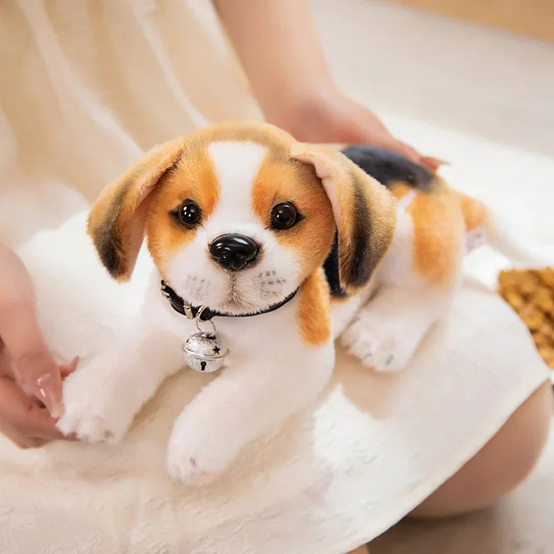 Realistic Dalmatian Beagle Plush Stuffed Toy Plush toy dog with a bell on a soft surface