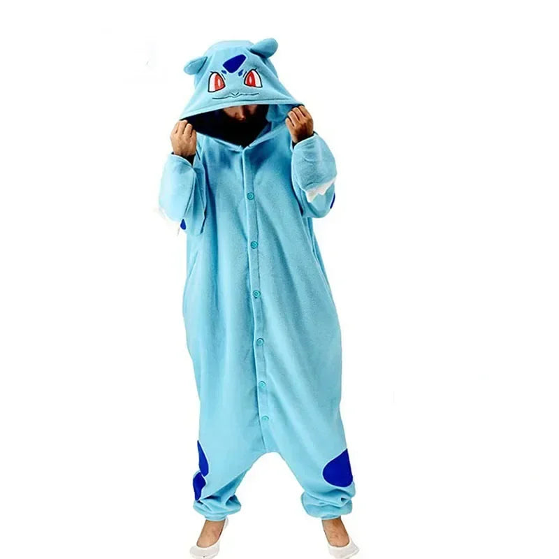 Pokemon Kigurumi Onesie – Snorlax, Gengar Anime Costumes Light blue onesie with cartoon character design on a white background