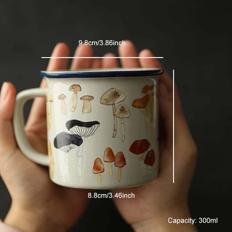 Mushroom Ceramic Coffee Cup – Japanese Cartoon Style Mug with mushroom design held by hands, showing measurements and capacity.