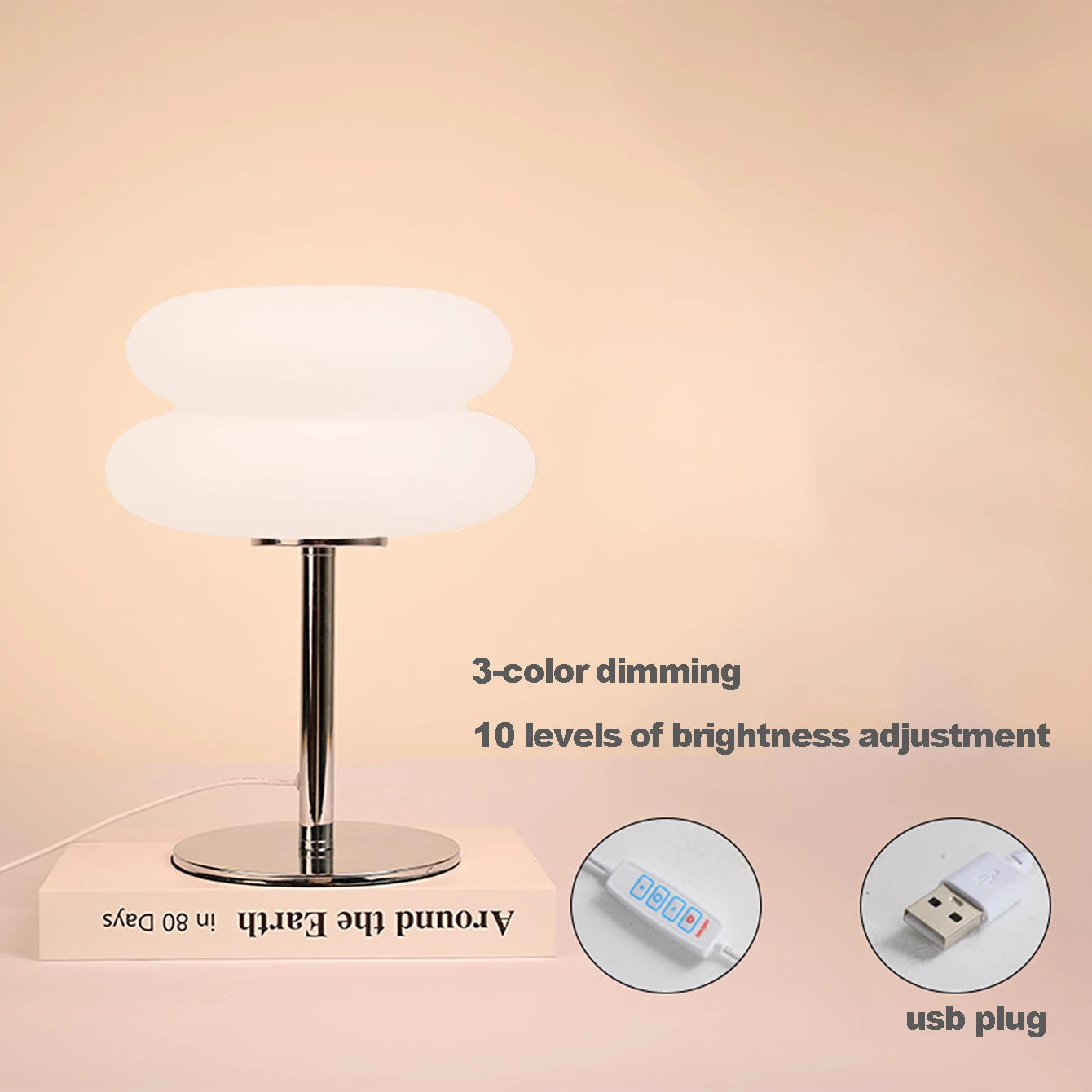 Orange Mushroom Bedside Table Lamp – USB Tri-Color Dimmable Light Table lamp with 3-color dimming and USB plug on a beige background