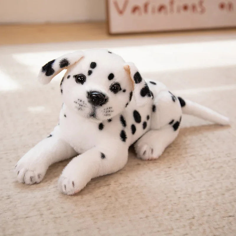 Realistic Dalmatian Beagle Plush Stuffed Toy Stuffed Dalmatian puppy toy on a beige surface