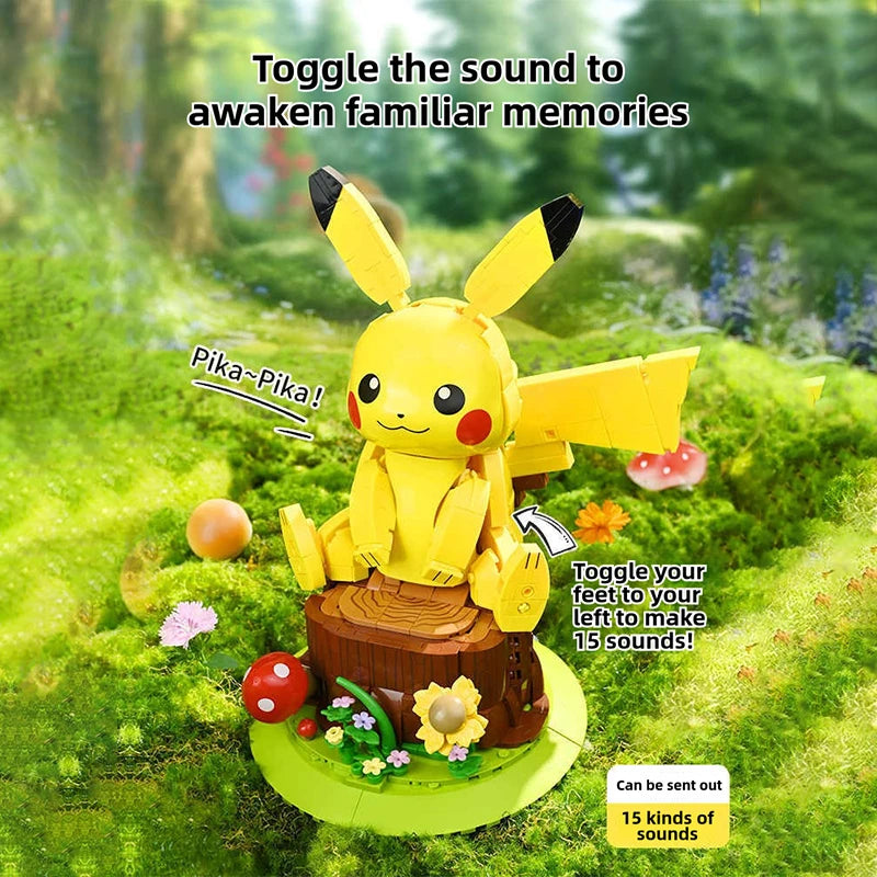 Pokemon Pikachu Building Blocks – DIY Model Brick Toy A yellow Pikachu building-block figure sits on a small tree stump in a mossy forest scene. Text overlays describe the toy's sound-activated features, including waking up familiar memories and making 15 sounds.