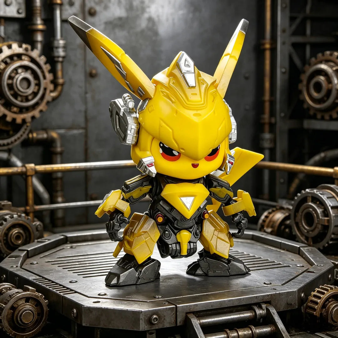 Pikachu Bumblebee Figure – Handheld Desktop Collectible A yellow and black toy figurine resembling a robotic cartoon character with long ears, standing on a metallic platform in a steampunk-style industrial setting with gears and pipes in the background.
