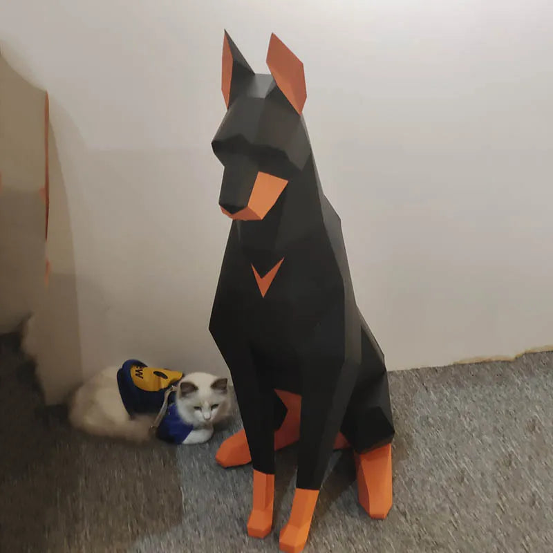 Doberman 3D Paper Model – DIY Animal Papercraft Room Decor Black and orange dog-shaped object with a cat in the background