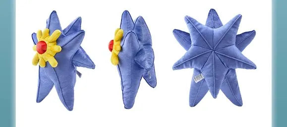 Pokemon Mega Plush Toy – Mega Lucario, Mega Greninja & Mega Starmie Three views of a blue star-shaped plush cushion with a yellow flower and red center accent, shown on a white background with teal side borders.