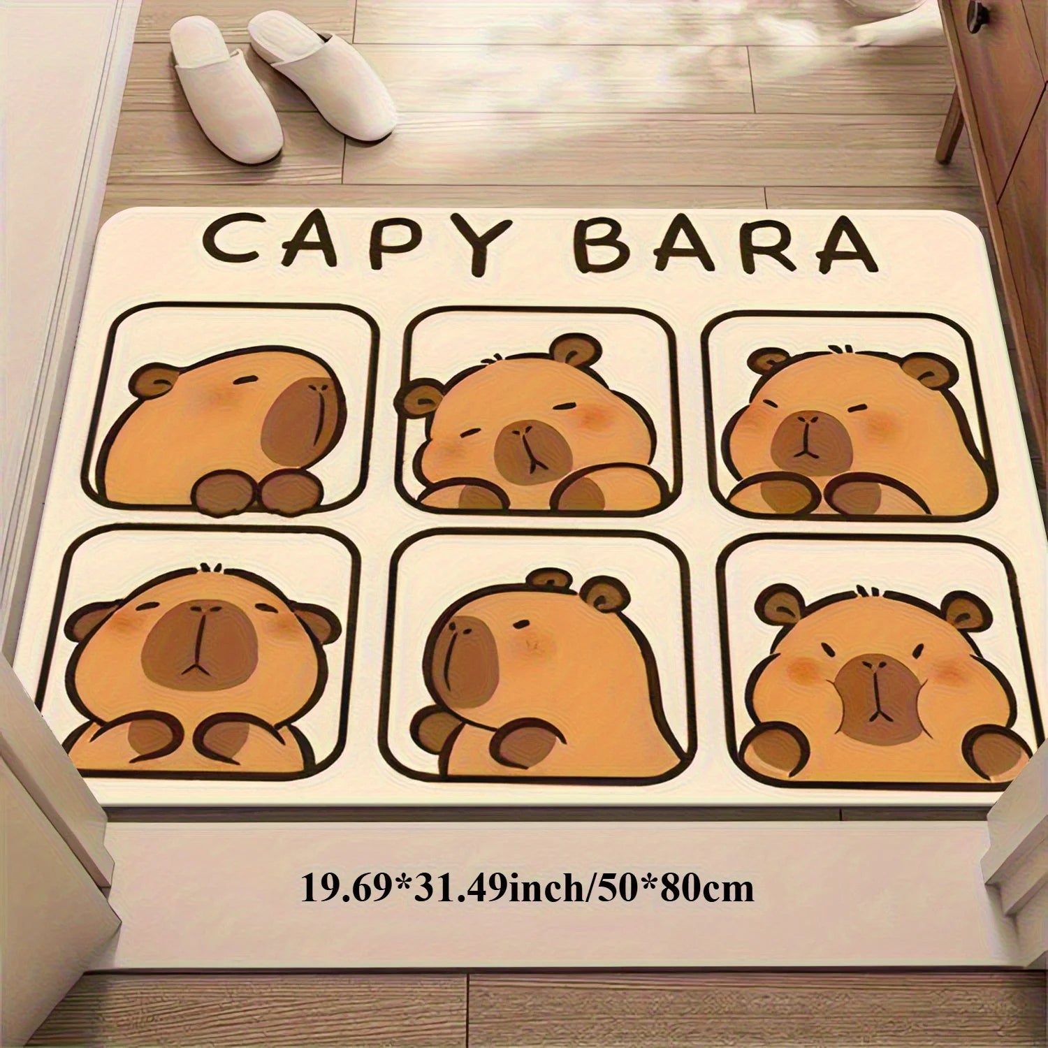 Capybara Doormat – Soft Flannel Non-Slip Indoor & Outdoor Rug A rectangular entryway mat with a cartoon capybara design and the text 'CAPY BARA' at the top, shown on a wooden floor. The mat features six panels with different capybara expressions and includes printed dimensions at the bottom.